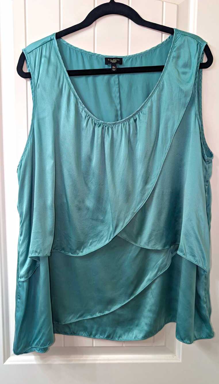 Talbots Blue Solid Satin Silk Scoop Neck Sleeveless Layered Blouse 18W Plus